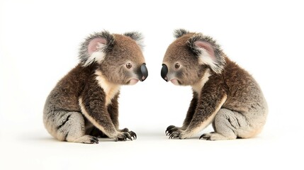 Naklejka premium Two Baby Koalas Facing Each Other on White Background