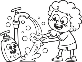 A fun and black  vector illustration of a child washing hands with soap under running water