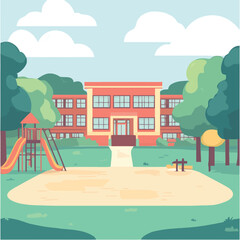 Fototapeta premium A flat 2D vector of a school building with a playground in front.