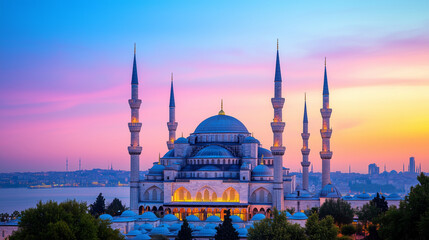 Fototapeta premium A majestic view of the Sultan Ahmed Mosque, also known as the Blue Mosque, standing proudly over the city of Istanbul. The soft pastel tones of the sky at dusk complement the intri