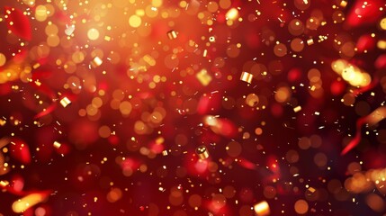 Generate a festive red backdrop with cascading golden confetti