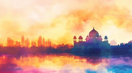 Obraz premium Watercolor illustration of Indian temples with lake reflection