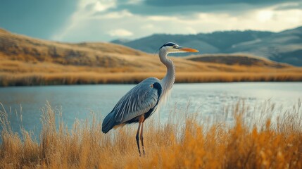 Obraz premium A majestic blue-gray heron stands gracefully in a sea of tall grass, its elegant neck curved as it gazes rightward