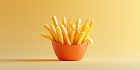 Realistic 3D Icon Cartoon of Floating French Fries with a Dipping Sauce on a Light Pastel Yellow Background