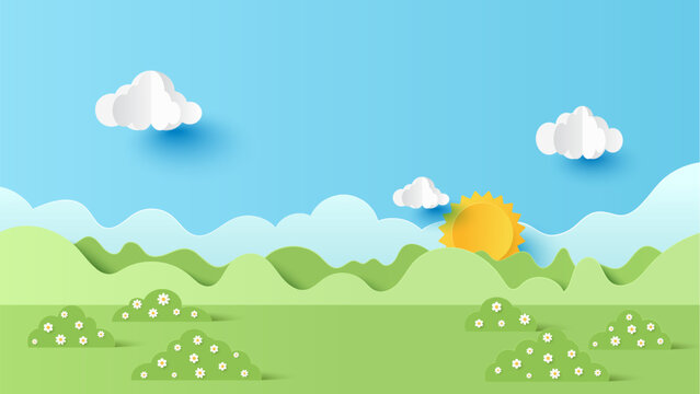 Vector illustration of park scenery with mountain and cloud sky on a sunny day. Paper cut and craft style illustration