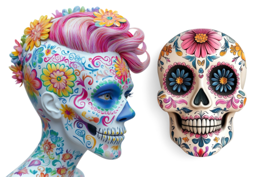 Colorful Sugar Skull with Floral Patterns on a Transparent Background