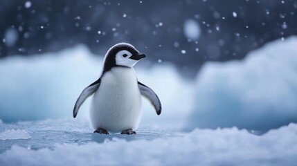 Fototapeta premium Adorable baby penguin standing on an icy surface, with soft feathers generative ai
