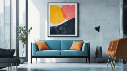 Contemporary living room featuring a blue sofa, orange pillows, abstract art, and a floor lamp in a bright, airy space.