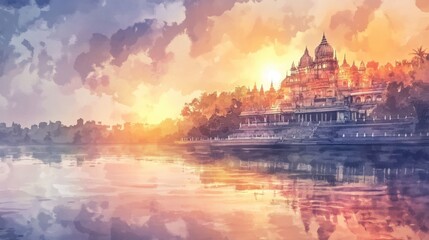 Watercolor illustration of Indian temples with lake reflection