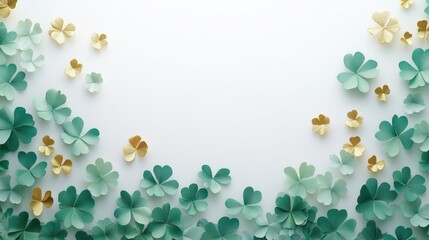 Decorative green and gold clovers on white background. Artistic floral design.