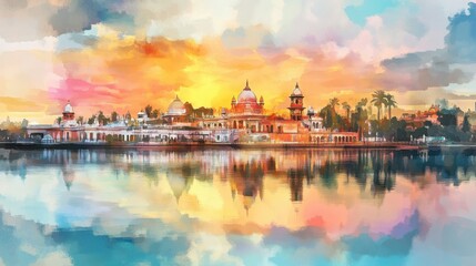 Naklejka premium Watercolor illustration of Indian temples with lake reflection