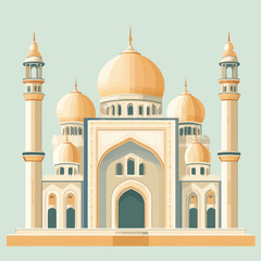 A flat 2D vector of a beautifully designed mosque with domes and minarets.