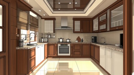 Fototapeta premium Luxurious Modern Kitchen Design, Elegant Brown Wooden Cabinets and Granite Countertops