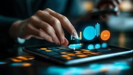 A financial analyst uses a digital tablet to interact with a virtual screen displaying business growth graphs, asset management data, and business targets, highlighting modern finance, investment stra