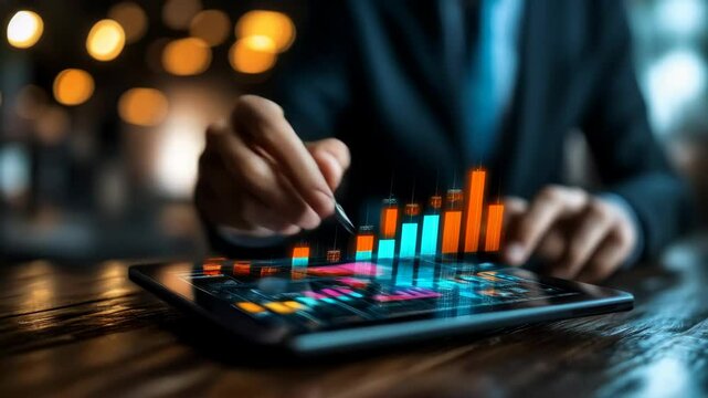 A financial analyst uses a digital tablet to interact with a virtual screen displaying business growth graphs, asset management data, and business targets, highlighting modern finance, investment stra