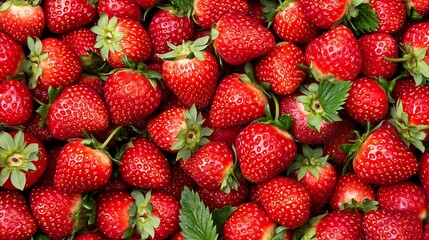 Pile of juicy red strawberries close up, with some green leaves, on a flat surface, for fruit background use