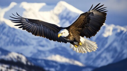 Obraz premium Bald eagle soaring high above the mountains, wings spread wide, dramatic sky in the background generative ai