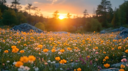 Fototapeta premium Sunset over a field of wildflowers.