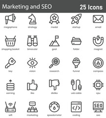 Marketing and SEO Line Icons Set. Collection of 30 outline icons representing digital marketing, search engine optimization, and online promotion. Editable stroke vector illustration.