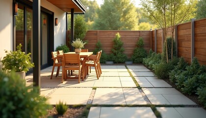 Obraz premium Modern terrace features wooden table with chairs on stone tile flooring and wooden fence. Cozy relaxing backyard area with green plants. Landscaping design for garden. Generative AI.