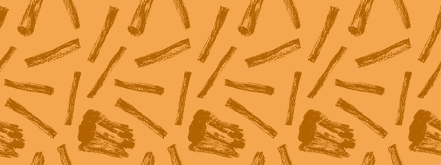 Hand drawn cinnamon pattern. Vector canella backdrop for packaging, label, fabric design. Vintage spices background - cassia engraved illustrations. Coffee wallpaper, bakery condiment ornament