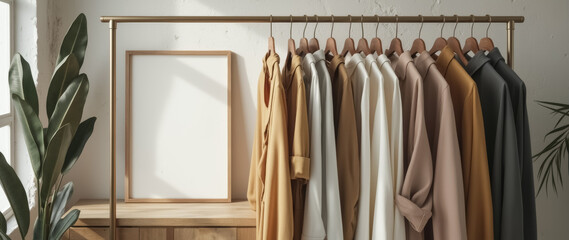 neutral-toned shirts and jackets hanging on a clothes rack in a minimalist setting