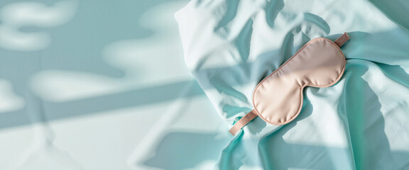 Fototapeta premium Elegant sleep mask and silk pillowcase on pastel blue bed, restful ambiance