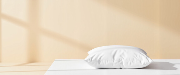 Minimalist white pillow on serene beige background, calming aesthetic