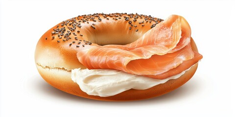 Realistic food icon of a fresh bagel with cream cheese and smoked salmon isolated on white background