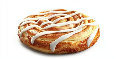 Realistic food icon of a freshly baked cinnamon roll with icing drizzle isolated on white background