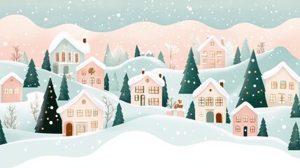 Winter Wonderland: A charming village nestled in a snowy landscape, complete with cozy houses and evergreen trees, under a sky filled with falling snowflakes. A scene of peace and tranquility.