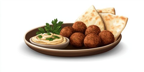 Realistic food icon of a plate of falafel with hummus and pita bread isolated on white background