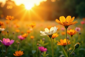 Fototapeta premium Vibrant wildflowers bathed in golden sunrise light , blossom, flora