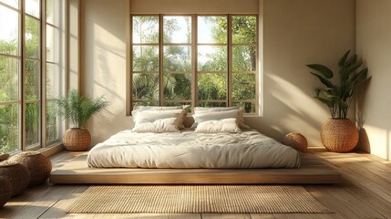 A sunlit bedroom features a bed with large windows overlooking a green landscape