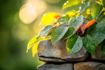 Holly and ivy leaves cascading over a stone wall, with sunlight filtering through and highlighting the textures of the leaves