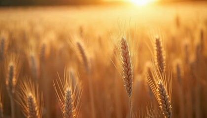 Golden hour bathes wheat field in warm golden light, serene rural landscape. Sun shines on stalks, making them shimmer. Grain crop harvest time concept. Calm countryside scene.