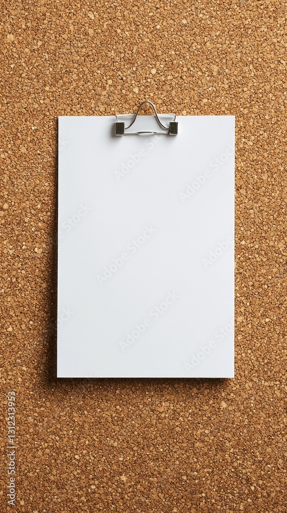 Poster A blank sheet of paper is clipped onto a corkboard, inviting thoughts and ideas in a clutter-free workspace. This setup encourages inspiration and creative expression