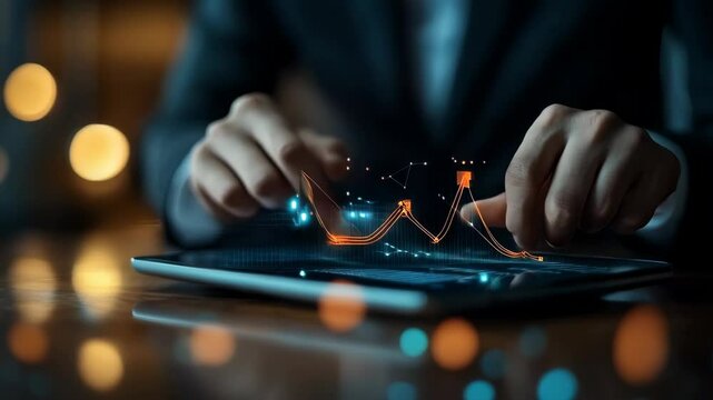 A financial analyst uses a digital tablet to interact with a virtual screen displaying business growth graphs, asset management data, and business targets, highlighting modern finance, investment stra