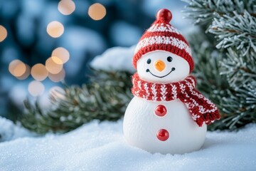 Cheerful snowman in a red hat and scarf surrounded by snow and pine trees, with warm bokeh lights in the background.