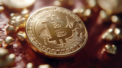 Golden Bitcoin Cryptocurrency Coin on Brown Surface