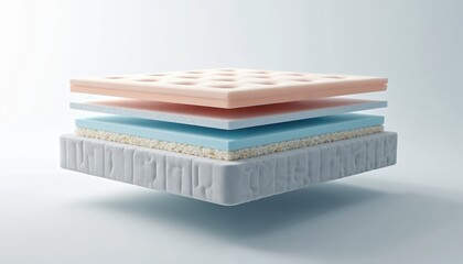 Cross-section of multi-layered modern mattress displays foam layers. Gel design ensures comfort, provides support. Bedding tech product demo for healthy sleep, relaxation. Interior shot highlights