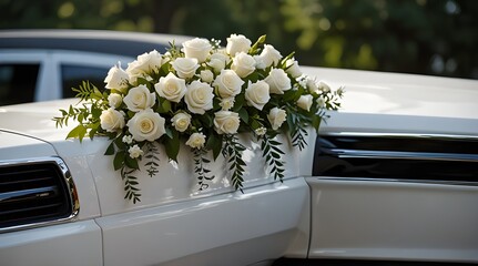 Elegant white wedding limousine with flower.generative.ai