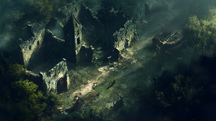 Aerial View of Desolate Medieval Village Ruins Overgrown by Forest