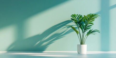 A vibrant green plant in a white pot casts a shadow on a pastel wall, creating a serene and minimalist interior scene.