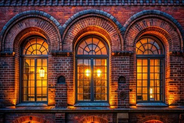 Obraz premium Low Light Photography, Red Brick Building, Arched Windows, Architectural Detail, Night Scene, Cityscape, Urban Photography, Elegant Architecture