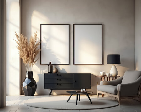 modern living room with two blank frames pampas grass and a cozy armchair