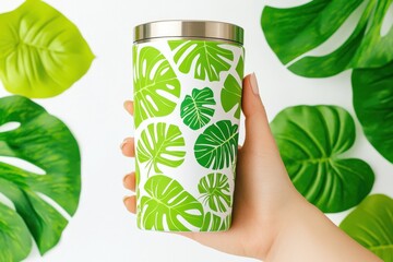 Minimalistic tumbler with tropical pattern surrounded by lush green leaves in a serene modern setup
