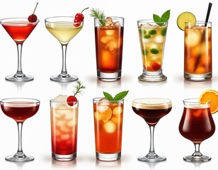 Set of classic cocktails Martini, Old Fashioned, Margarita, Cosmopolitan, Mojito, Negroni, Daiquiri, Pina Colada and others. Refreshing drinks with ice cubes, fruits, berries and herbs in glass cups.