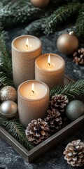 Warm and inviting winter holiday scene featuring lit candles, pine cones, and festive ornaments on a rustic tray.