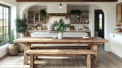 A Rustic Kitchen Design Featuring a Long Wooden Dining Table
